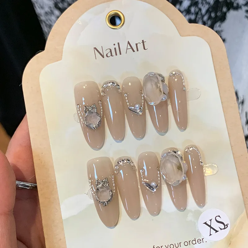 Almond Pointed French Handmade Press On Nails For Girl Advanced Wearable Fake Nail Vintage Glitter Designed Nail Art With Pearl