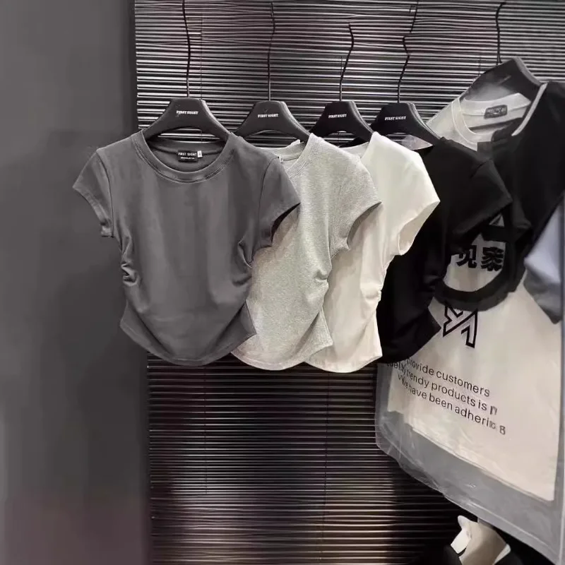 Neues Sommer-Damen-T-Shirt mit Taillenbetonung und Kurzen Ärmeln, Figurbetontes Einfarbiges Oberteil, Lässiges Basis-Shirt für Mädchen, Damen-Pullover-T-Shirt