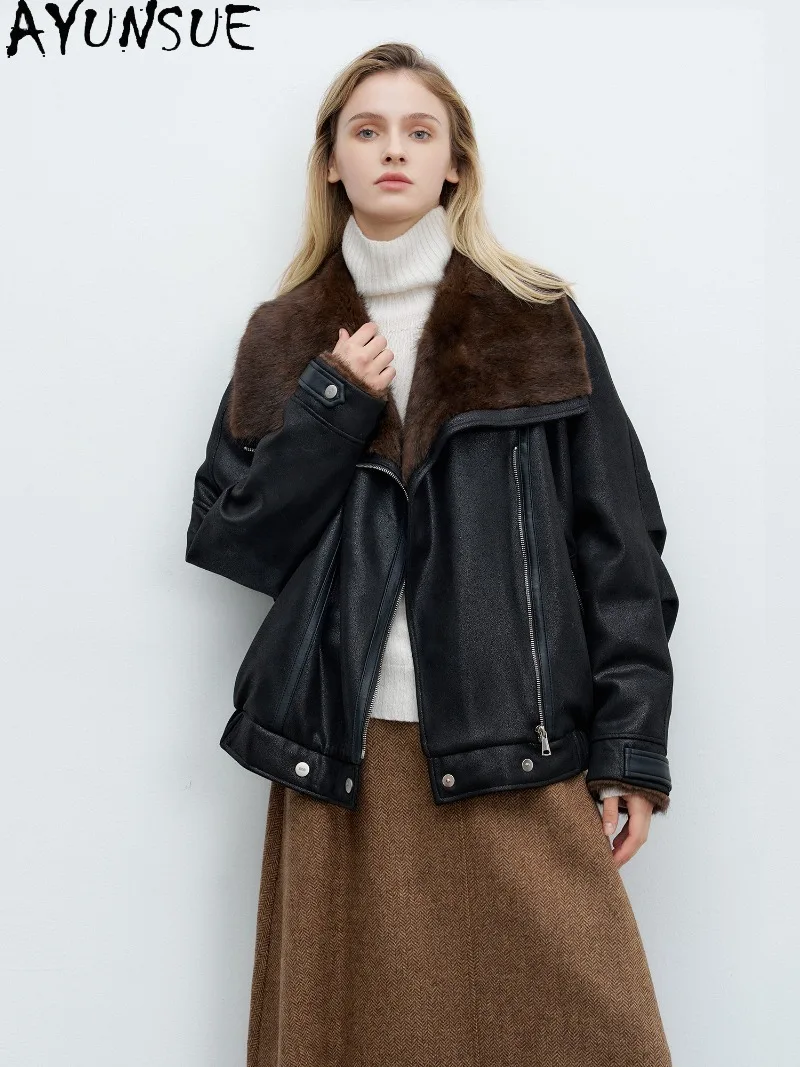 AYUNSUE White Goose Down Coat Genuine Nutria Fur Collar Womens Winter Clothing Suede Shell Short Length Ladies Clothes Fashion