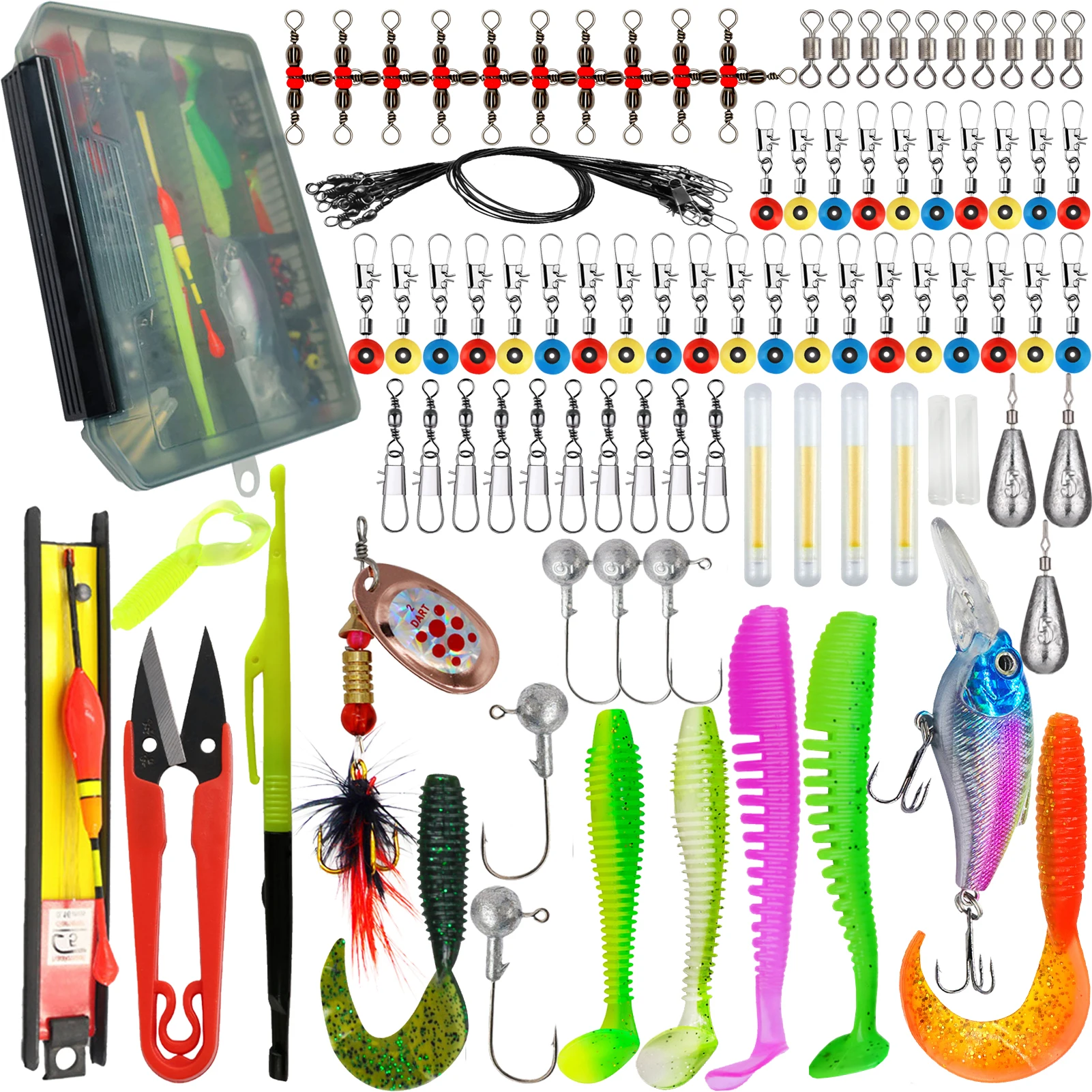 

Lures Kit,95pcs/Lot Fishing Accessories,Hard Baits,Jig Hooks Swivels,Soft Worm Lure,Float Scissors with Box,Bass Fishing Set