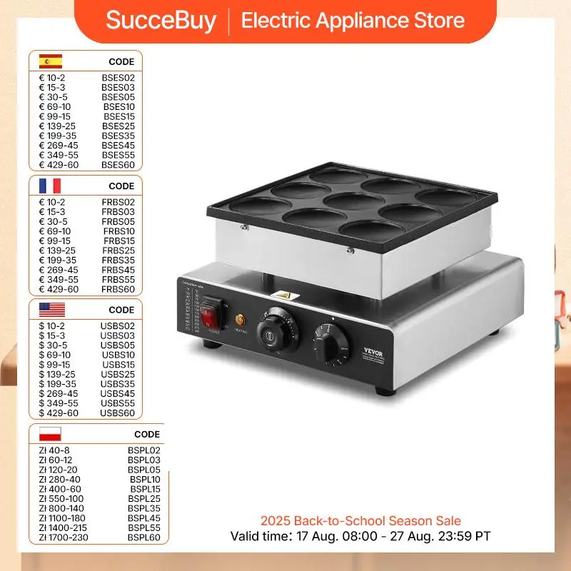 VEVOR Dutch Pancake Maker 9PCS Diametro Dorayaki Baker Machine Commerciale Elettrico Poffertjes Grill, Acciaio Inossidabile Antiaderente