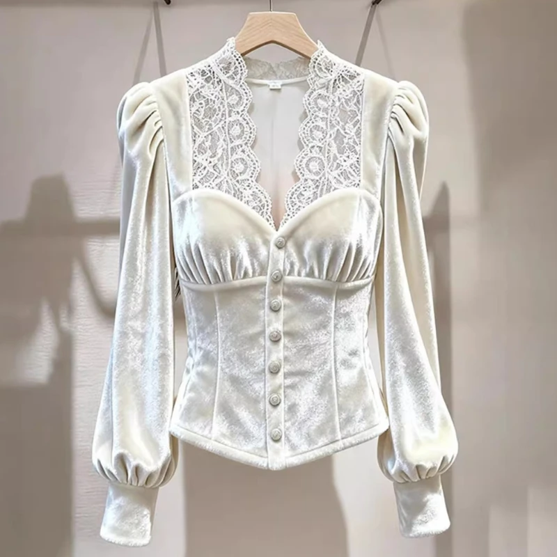 

Весенне-осенняя женская кружевная лоскутная рубашка с v-образным вырезом и пышными рукавами, белая бархатная верхняя рубашка, женские осенние модные велюровые топы Koran