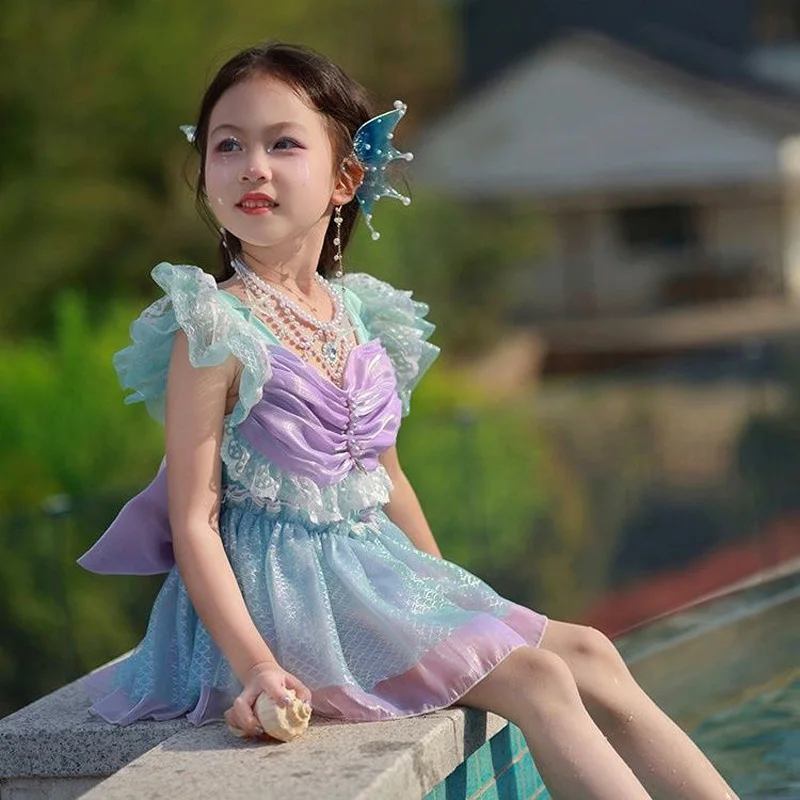 

Летний купальник для маленьких девочек в стиле лолита, блестящий синий, быстросохнущий, с эффектом русалки, многослойный, без спинки, с жемчужным бантом