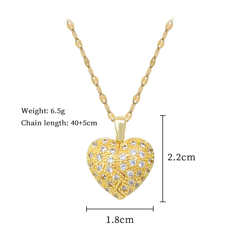 DIEYURO 316L Stainless Steel Golden Double Heartbreak Heart Inlay Zircon Pendant Necklace Lady New Luxury Classic Neck Chain