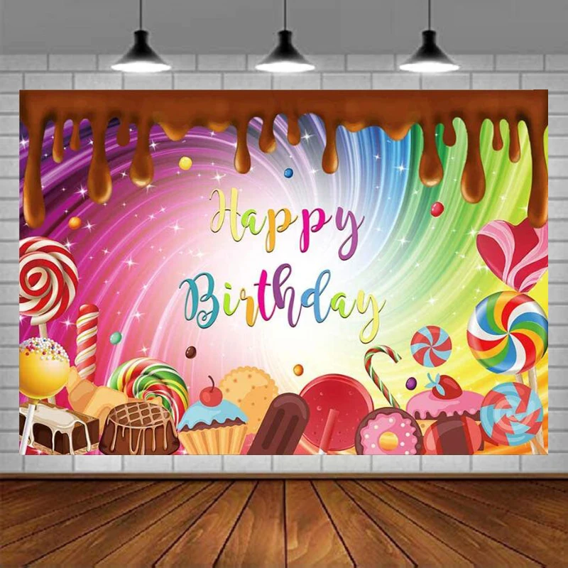 Chocolate Birthday Photography Backdrop Sweet Candy Theme Party Background Lollipop Cupcake Candyland Banner Poster