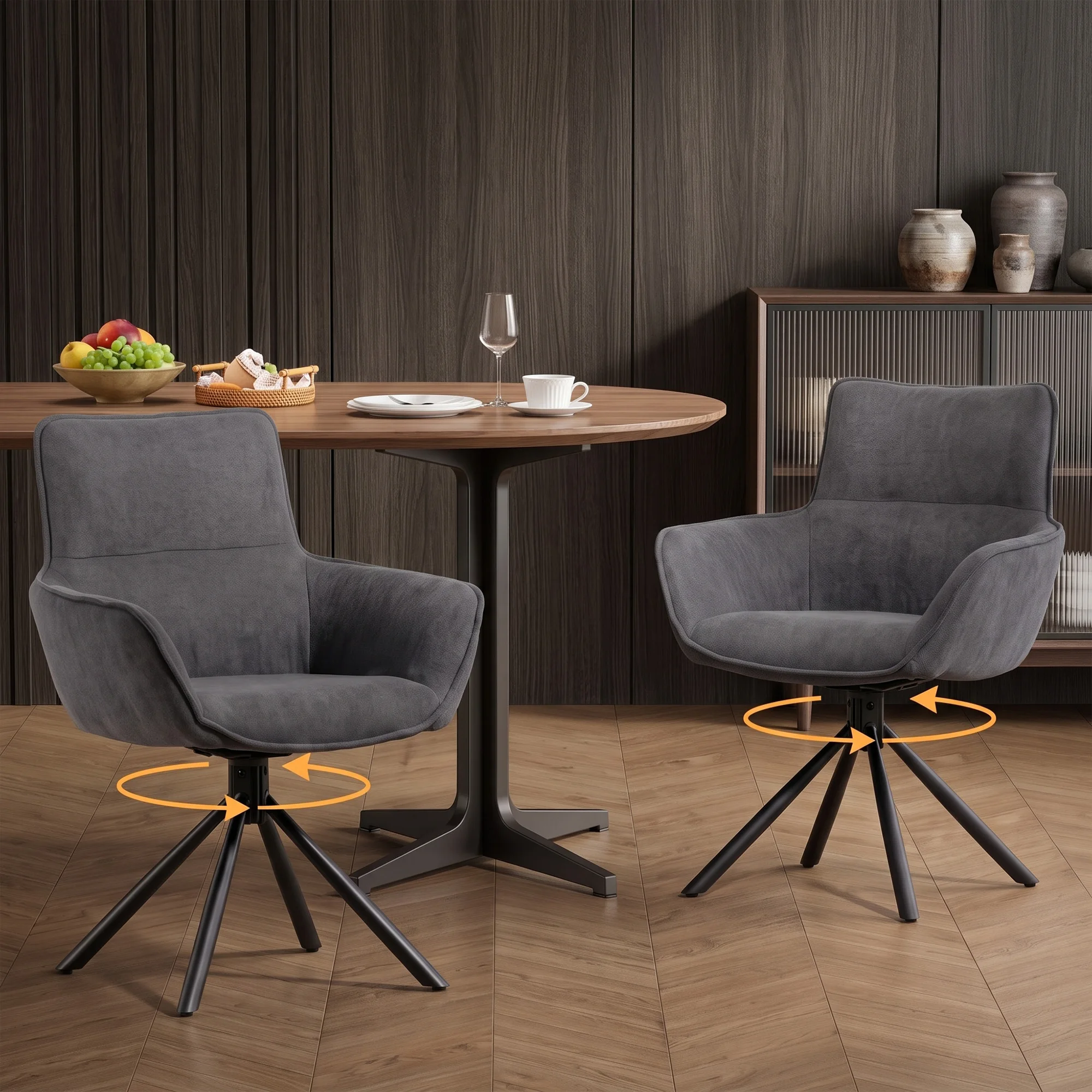 HOMCOM Esszimmerstuhl 2er Set Drehbar Küchenstuhl mit Samtoptik, Sessel mit Armlehne, Metallbeine, Loungesessel, Polsterstuhl für Esszimmer Wohnzimmer, Dunkelgrau