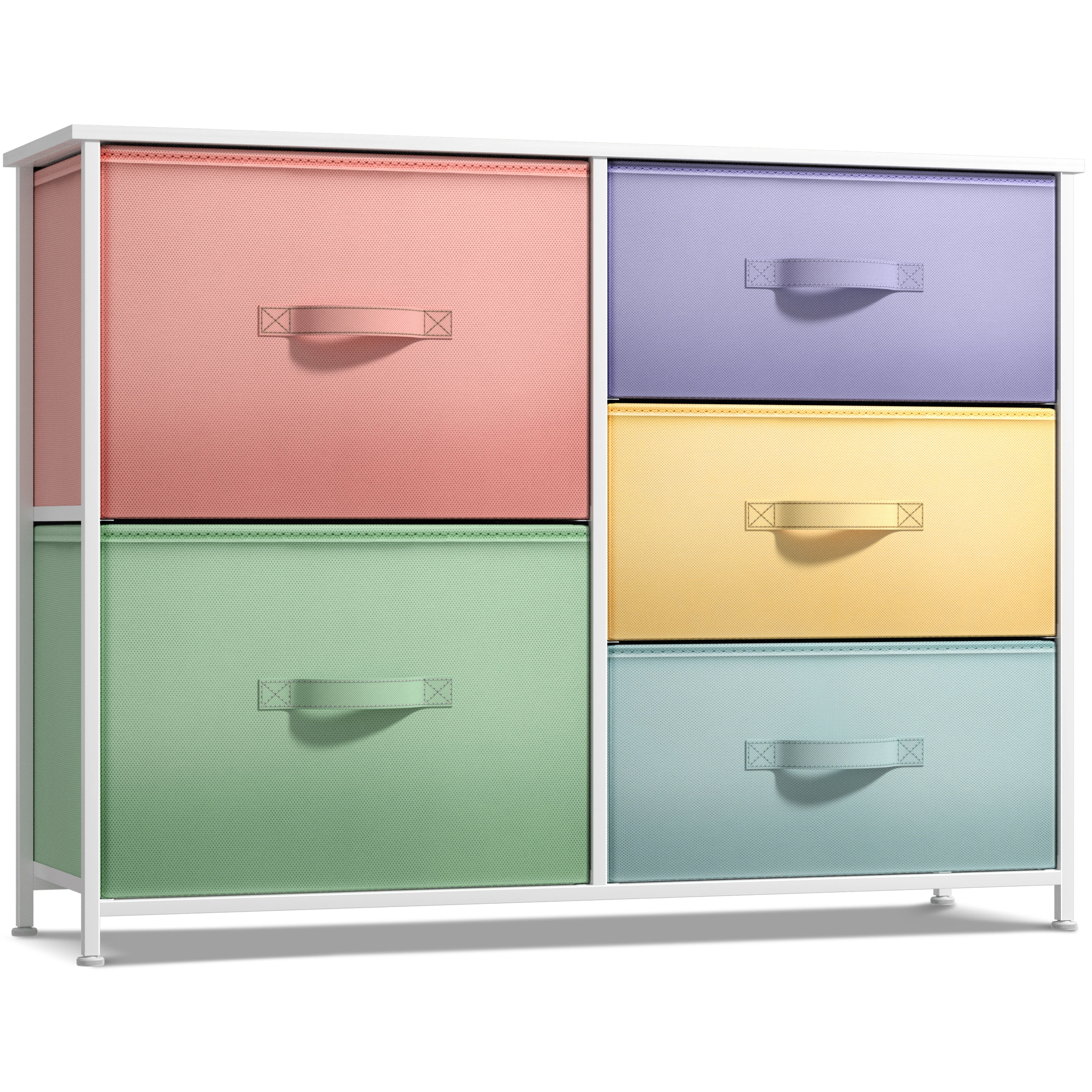 

Steel Frame Dresser with Wood Top and Fabric Bins for Storage