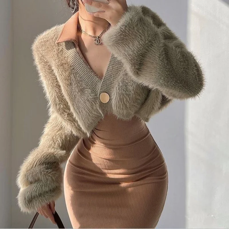 2024 Autumn Winter Korean New Style Imitation Mink One Button Short Solid Color Furry Coat Loose Western Style Knitted Cardigan