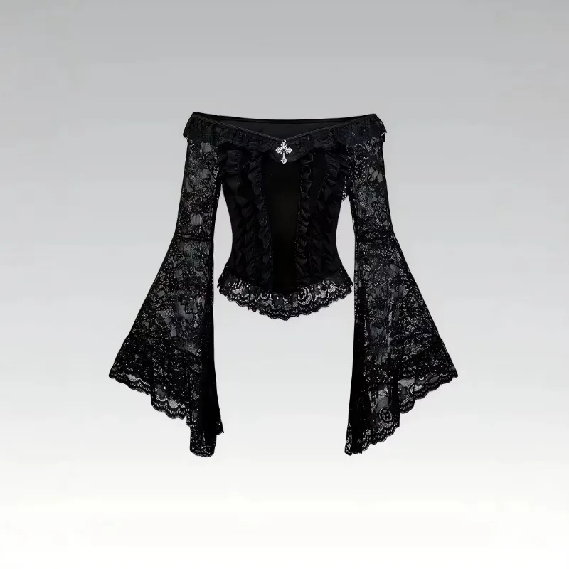 Gothic Vintage Black Lace Off Shoulder Crop Tops Women French Elegant Metal Decor Mesh Slim Blouse Punk Y2K Ruffle Shirt New