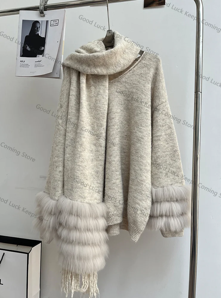

Женский вязаный свитер-пальто из натурального меха лисы, осень 2025, роскошный женский пуловер с длинными рукавами