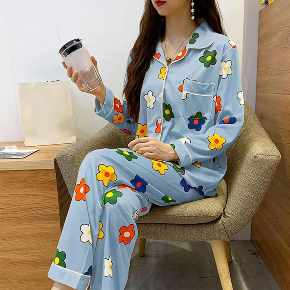 Milk Silk Loungewear Colorful Cartoon Flower Printed Satin Pajama Set for Women Long Sleeve Top Wide Leg Pants for Fall