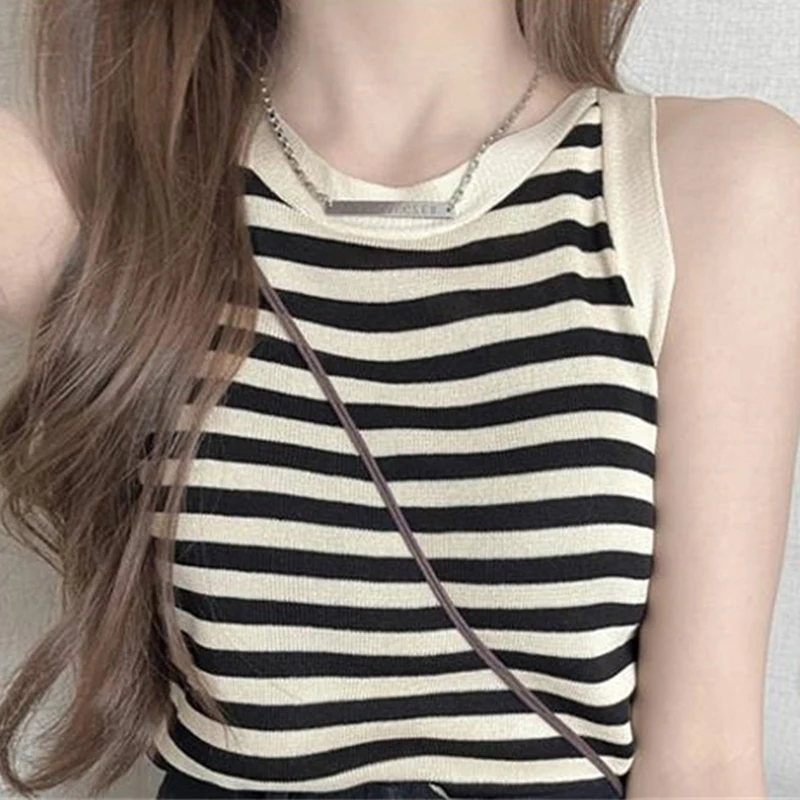 Summer Korean Stripe Knitted Tank Top Women Round Neck Sleeveless Slim Camisole