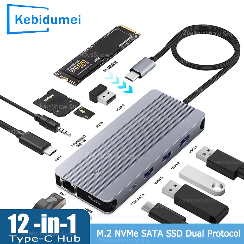 

12-IN-1 USB Hub Hard Disk Enclosure M.2 NVMe SATA SSD Dual Protocol Docking Station Type C 10Gbps 4K60Hz Adapter For Macbook Pro