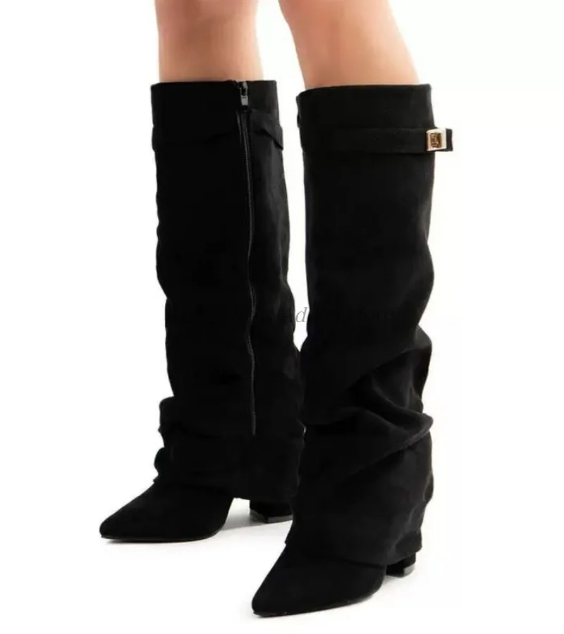 المرأة من جلد الغزال القهوة القرش الأحذية فستان كاجوال كتلة كعب أبيض/أسود جلد حذاء برقبة للركبة مصمم أحذية مثيرة على العرض #5