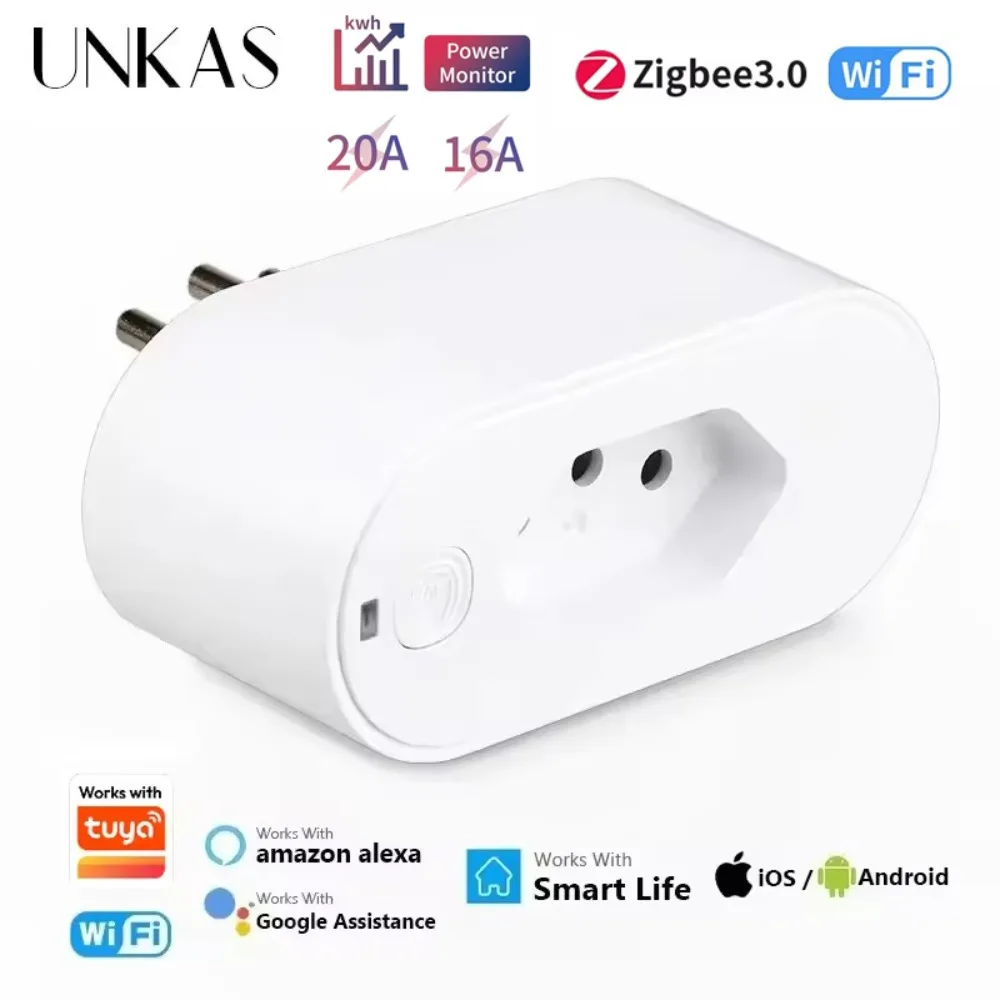 Tomada Inteligente Padrão Brasil UNKAS 16A/20A com Monitor de Energia, Compatível com Tuya Wifi / Zigbee 3.0, Controle Remoto via APP Smart Life