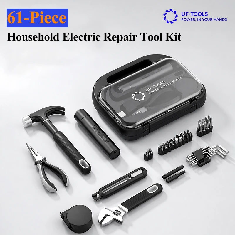 61 in 1 Electric Screwdriver Set Tape Measure Wrench Pliers Hammer Multi Function Toolbox Engineering Box Home Repair Tool Set