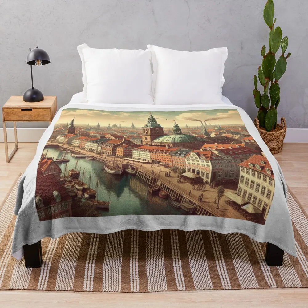 A Vintage Illustration of Copenhagen, Denmark Throw Blanket Flannels Shaggy Multi-Purpose sofa bed Blankets