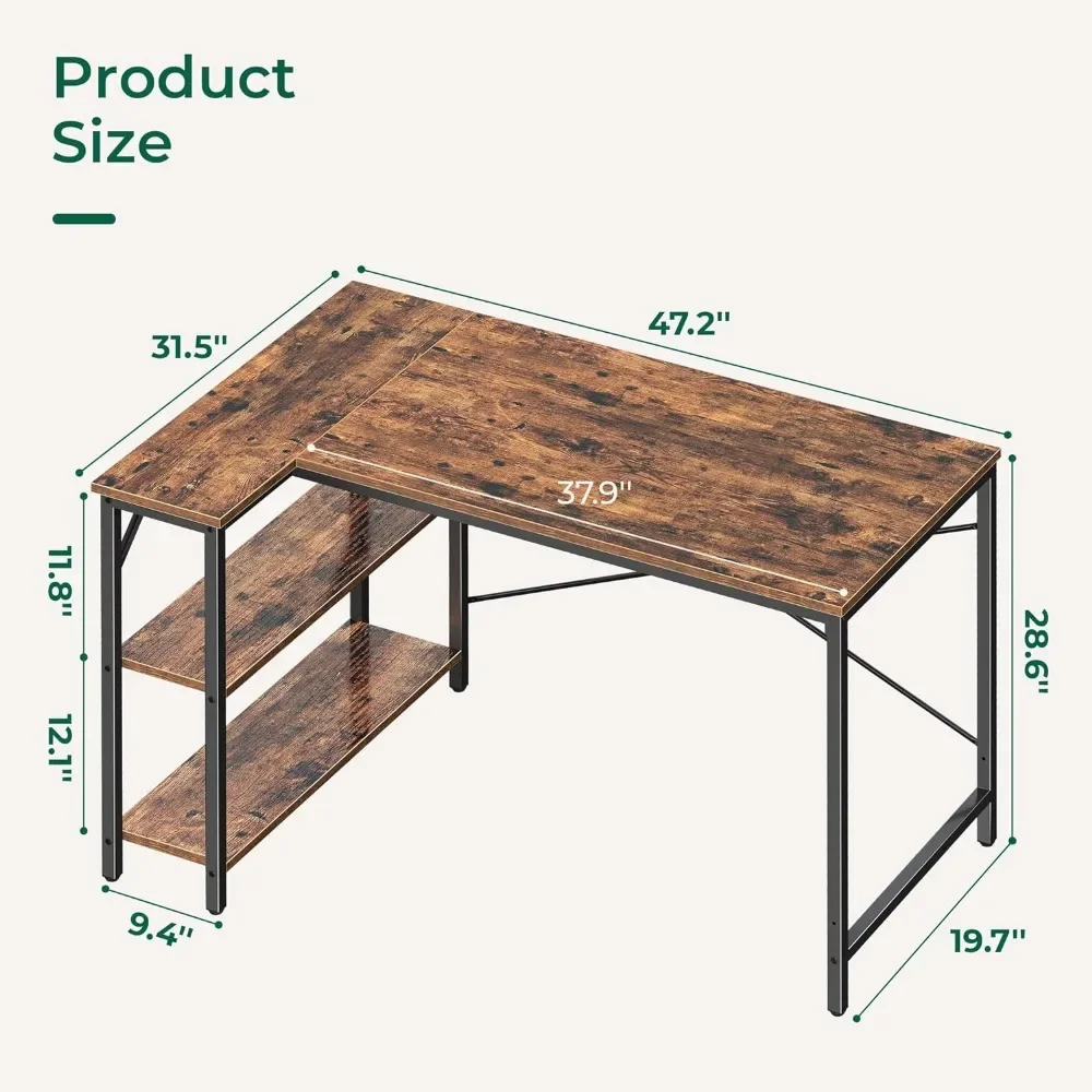 L Shaped Computer Desk with Reversible Storage Shelves, Gaming Corner Desk for Home Office, Writing Study Desk with Metal Frame