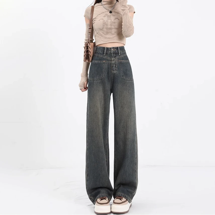 Semen abu-abu retro Lurus jeans Wanita desain baru musim semi pinggang tinggi longgar tipis serbaguna celana panjang kaki lebar