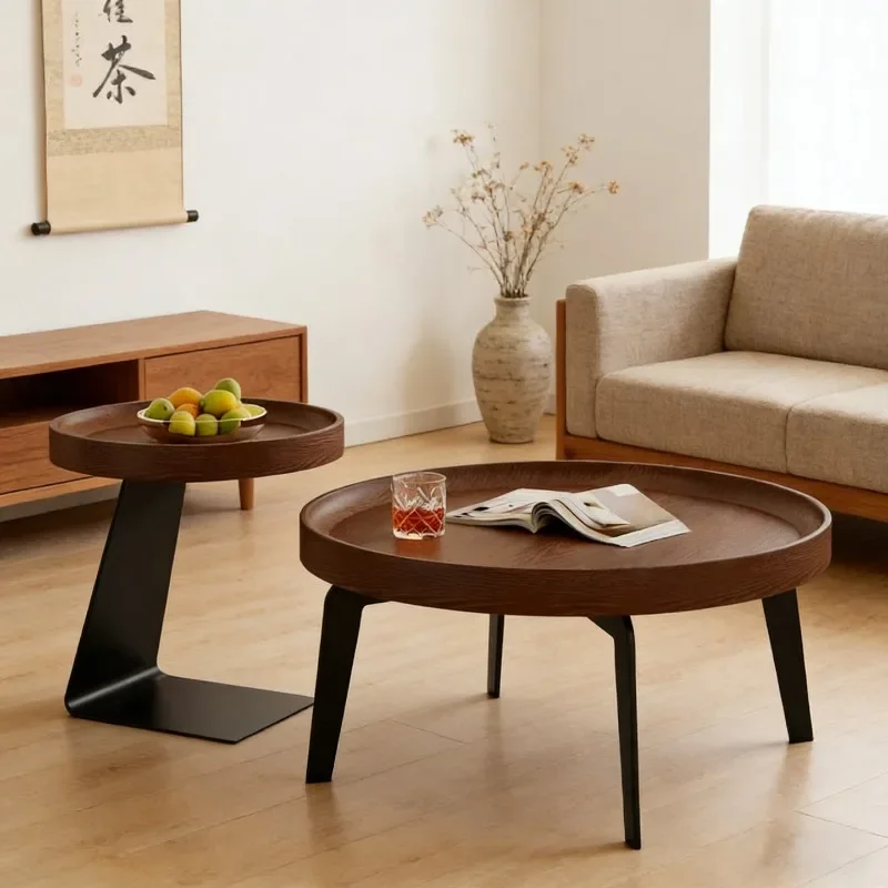 Round Tray Top Nesting Coffee Table Solid Wood Surface Slant Metal Leg Minimalist Tea Side Table For Living Room