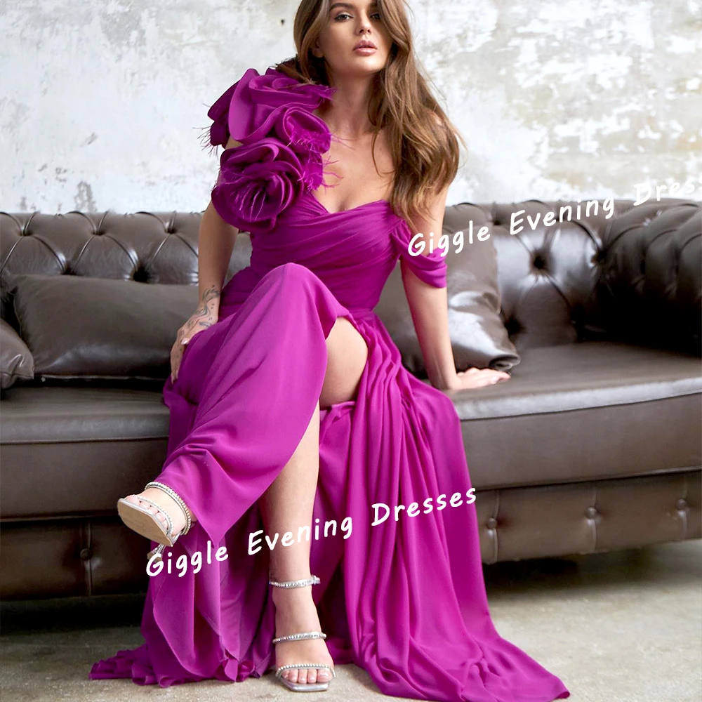 Giggle Crepe Feathers Flowers Elegance Prom Gown Saudi Arab One-Shoulder Floor-Length Slit Evening Party Dresses for Women 2024