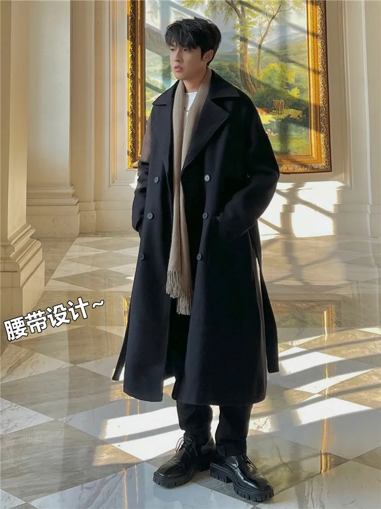 Fashion Woolen Coat Men's Mid-Length Autumn Winter Thick Loose Below The Knee Trench Coat Long Sleeve Men's Woolen Suit Jacket