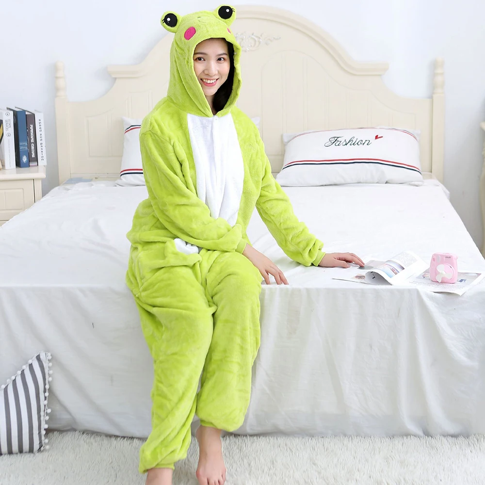 Adult Frog Onesie Costume Pajamas Flannel Cosplay One Piece Pyjamas Jumpsuit Hooded Loungewear Halloween Christmas Sleepwear