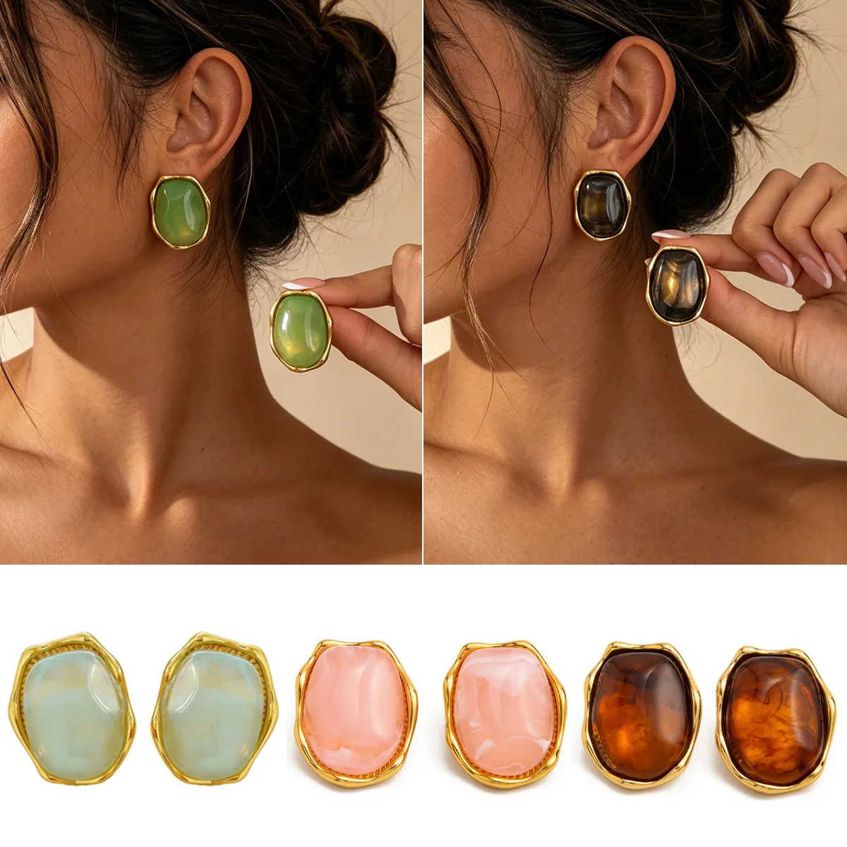 Geometric Irregular Stainless Steel Earrings Blush Gem Concave Edge Commuter Daily Lightweight Non Tarnish Silver for Women