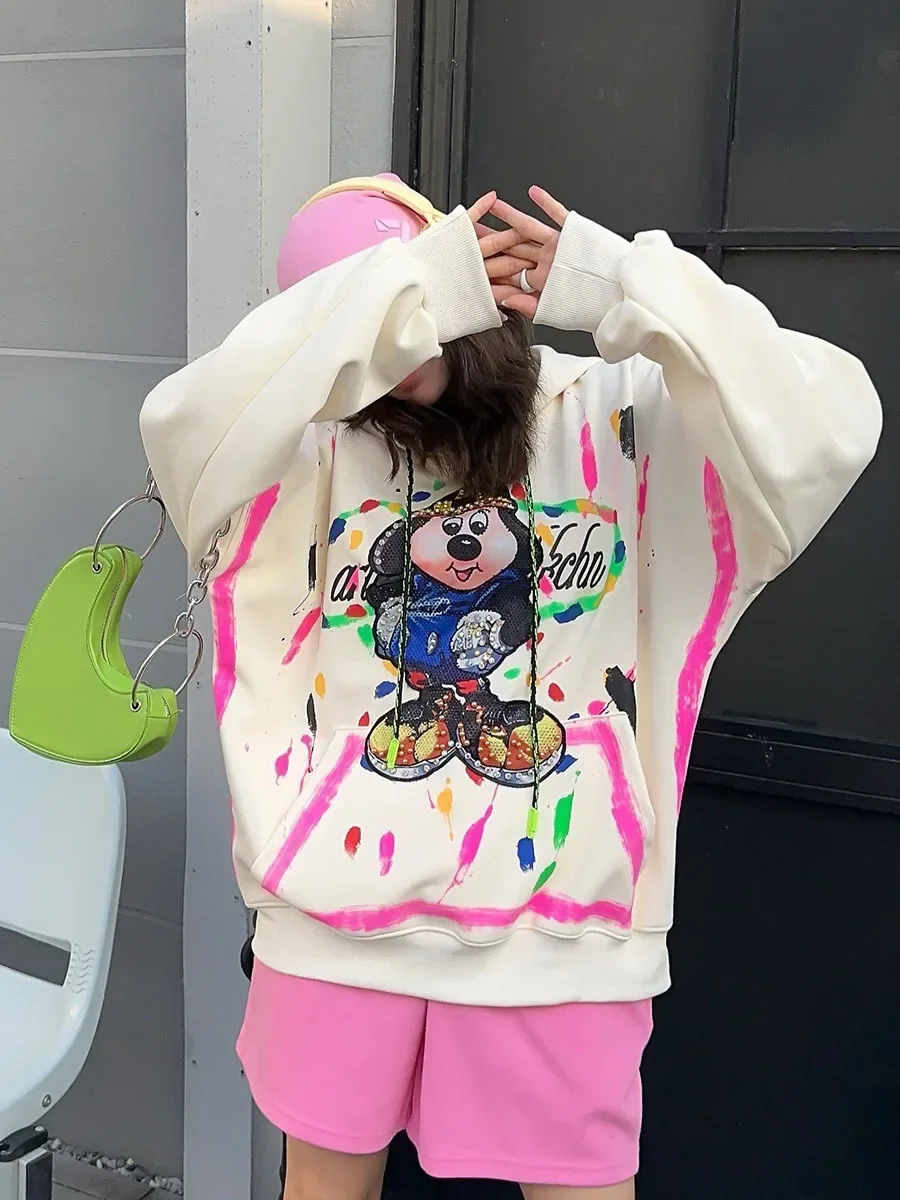 Fashion Cartoon Beads Rhinestones Color-Contrasting Stripe Oversized Hooded Sweatshirts Women Autumn Mid-Length Loose Hoodies