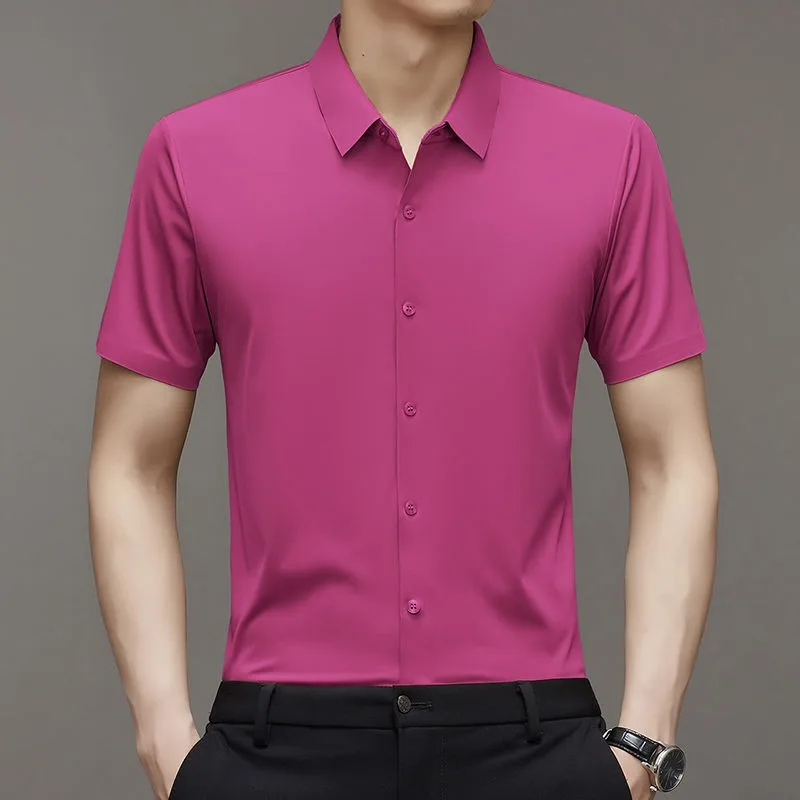 High End Ice Silk Shirts Men Short Sleeve Business Wrinkle Shirt Single Breasted Elastic Tops Luxurious Wedding Clothes 2pcs/Set