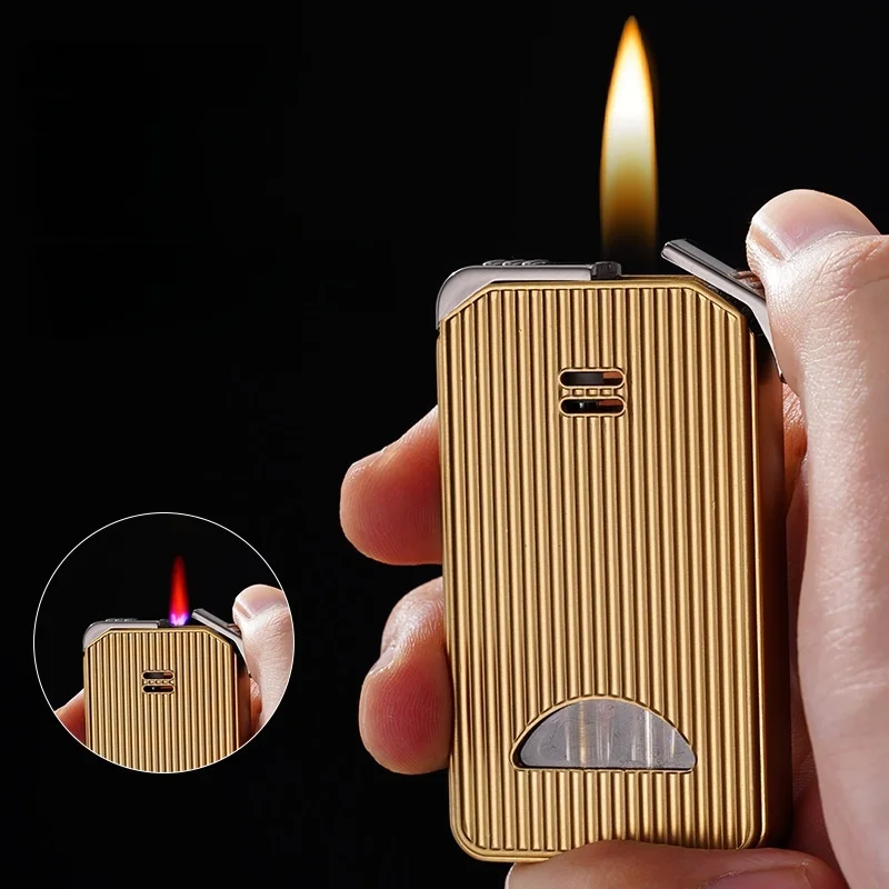 Dual‑mode Inflatable Lighter, Golden Grooved Metallic Shell, Visible Fuel Window, Windproof & Open‑flame Switchable,