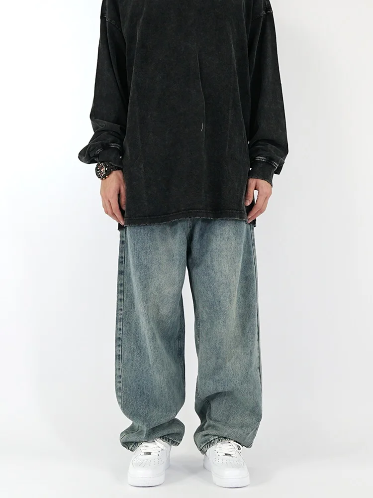 

Retro American Blue Waed Denim Jeans Loose Straight Leg Dad Pants Men's Long Trousers Casual Straight Footwear for Teens