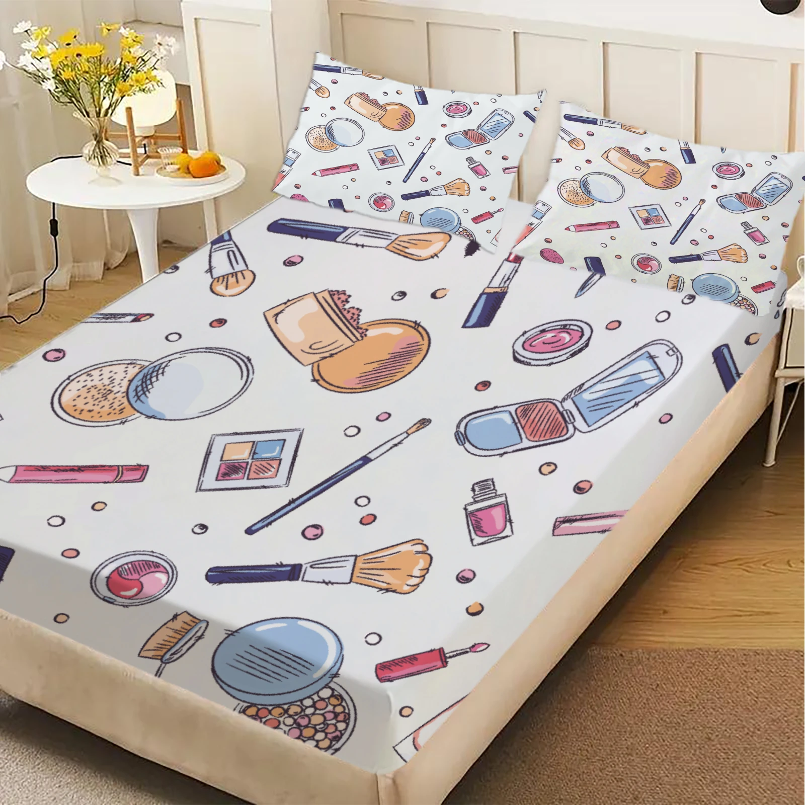 3pcs Soft  White Fitted Sheet Sets Makeup Tools And Cosmetics Pattern For Girls Bedroom Decor Washable 100%Polyester Flat Sheet