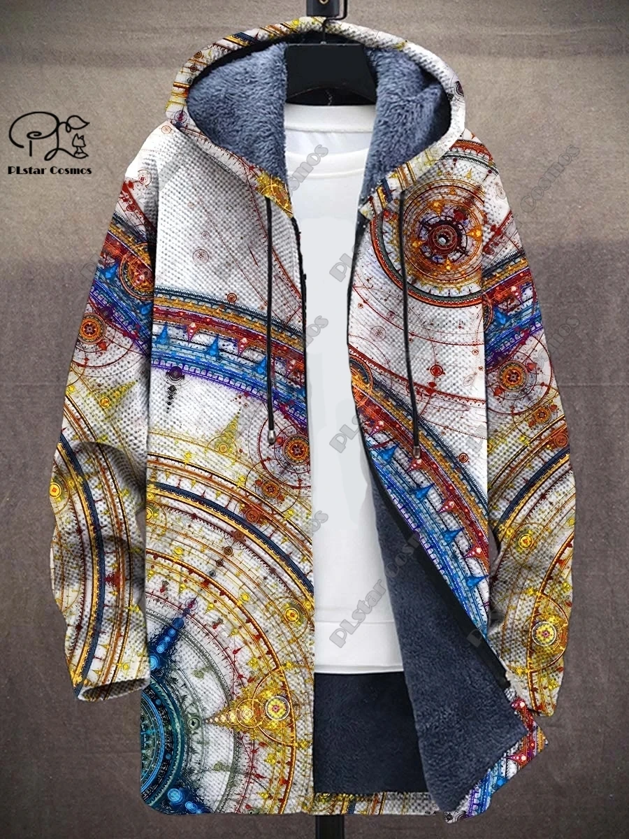 New 3D printing retro abstract art multi-color winter hooded zipper coat men's women's fleece universal casual warm jacket D-11