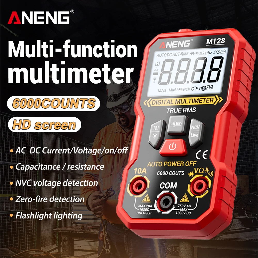 

Цифровой мультиметр ANENG M128, 6000 измерений, обнаружение напряжения NCV, тестер напряжения AC/DC, подсветка экрана, фонарик для электриков