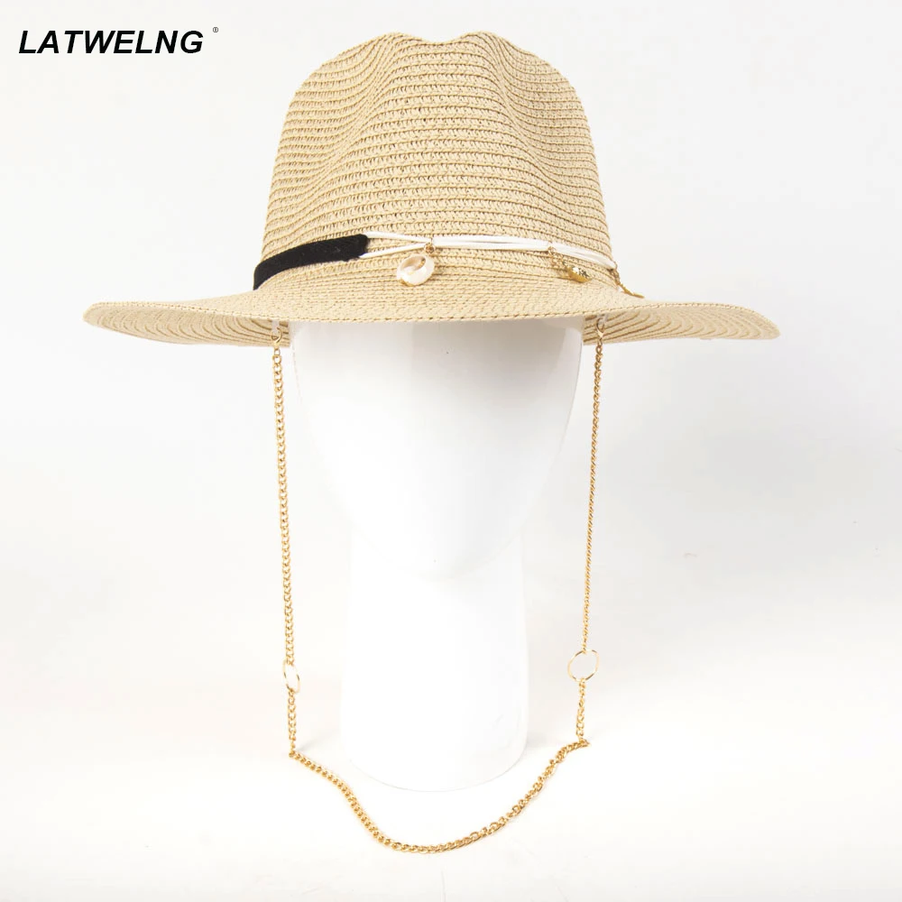 2024 Design Metal Shell Sun Hat With Chain Women Straw Hats Summer Elegant Panama Hats Beach Accessories Foldable