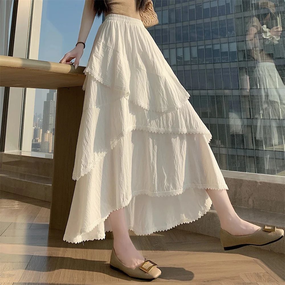 White Irregular Lace Trim Long Skirt Half-length Women Spring Summer Super Beautiful White Cake Design Fairy Skirt Korean Style
