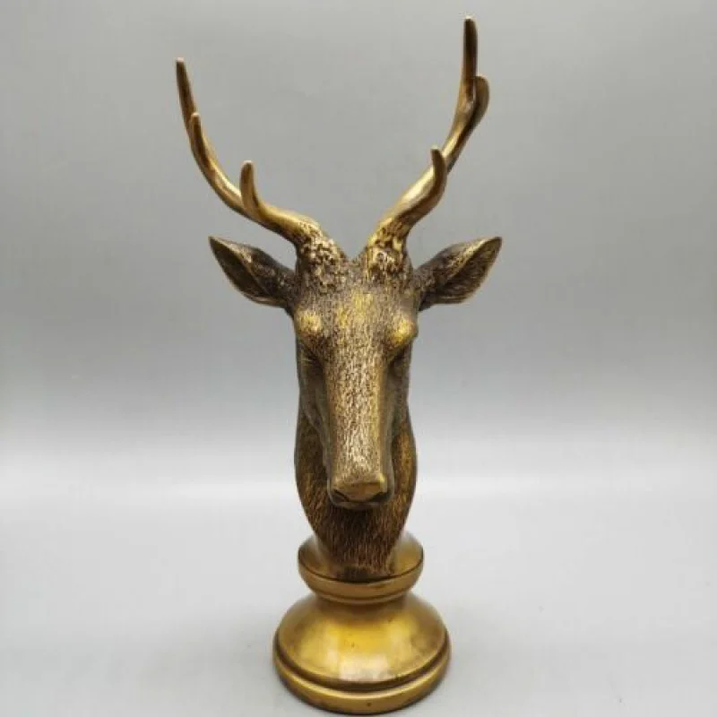 Old Bronze Feng Shui Zodiac Animal Wild Antlers Deer Head Statue