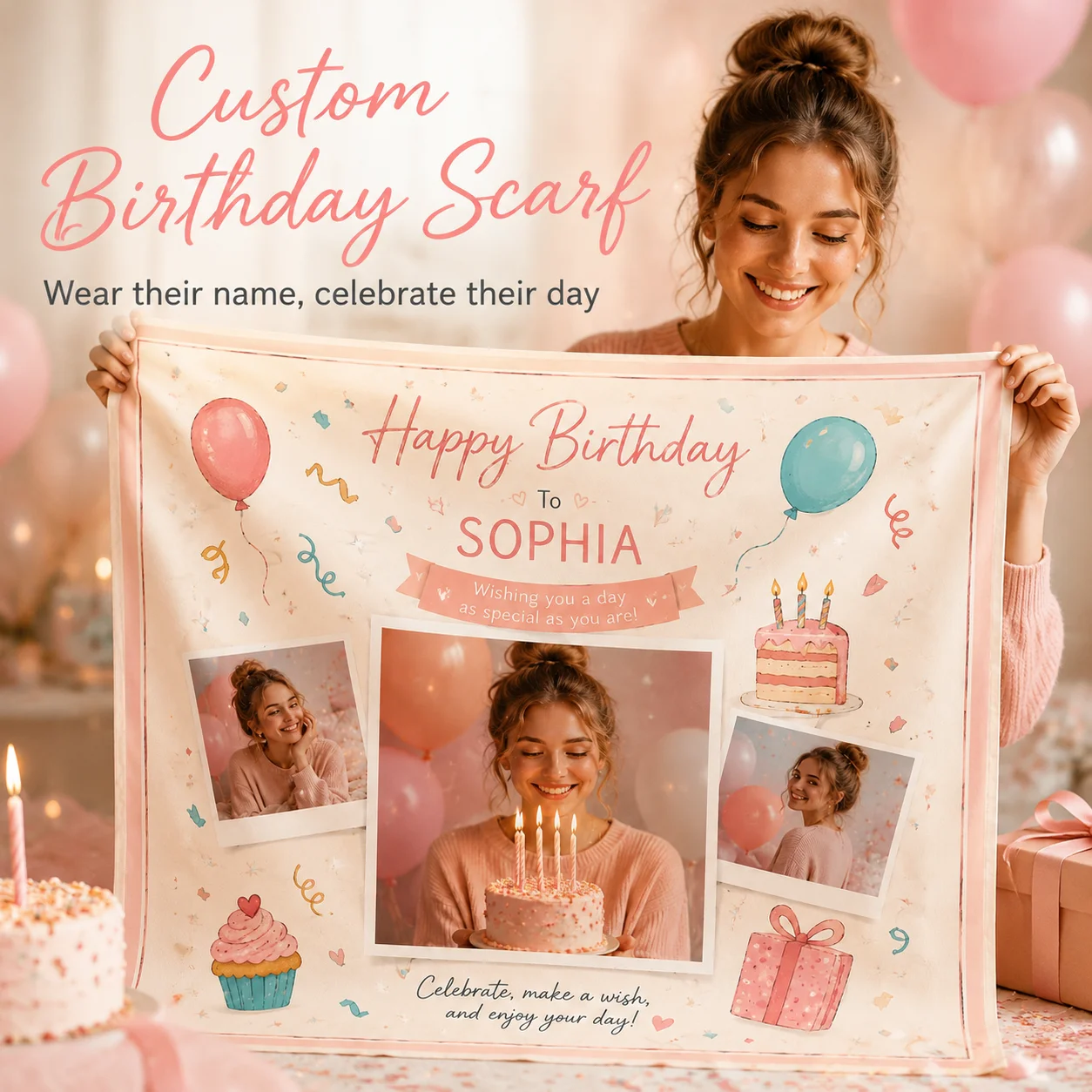 Personalized Birthday Scarf Custom Photo Gift for Women Mom Wife Daughter