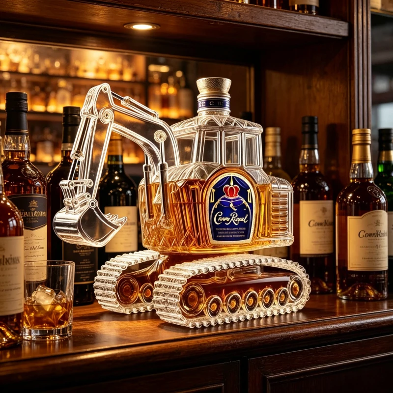300ML Hand Carved 3D Excavator Whiskey Decanter Bottle Novelty Wine Storage Container for Home Bar Office Unique Gift