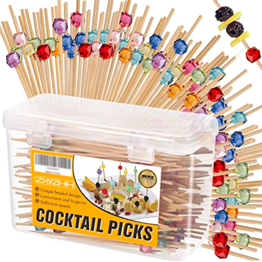

200 Pieces Toothpicks for Appetizers - Multicolor Bamboo Long Cocktail Picks for Appetizer ewers Fancy Food Toothpicks with Sto
