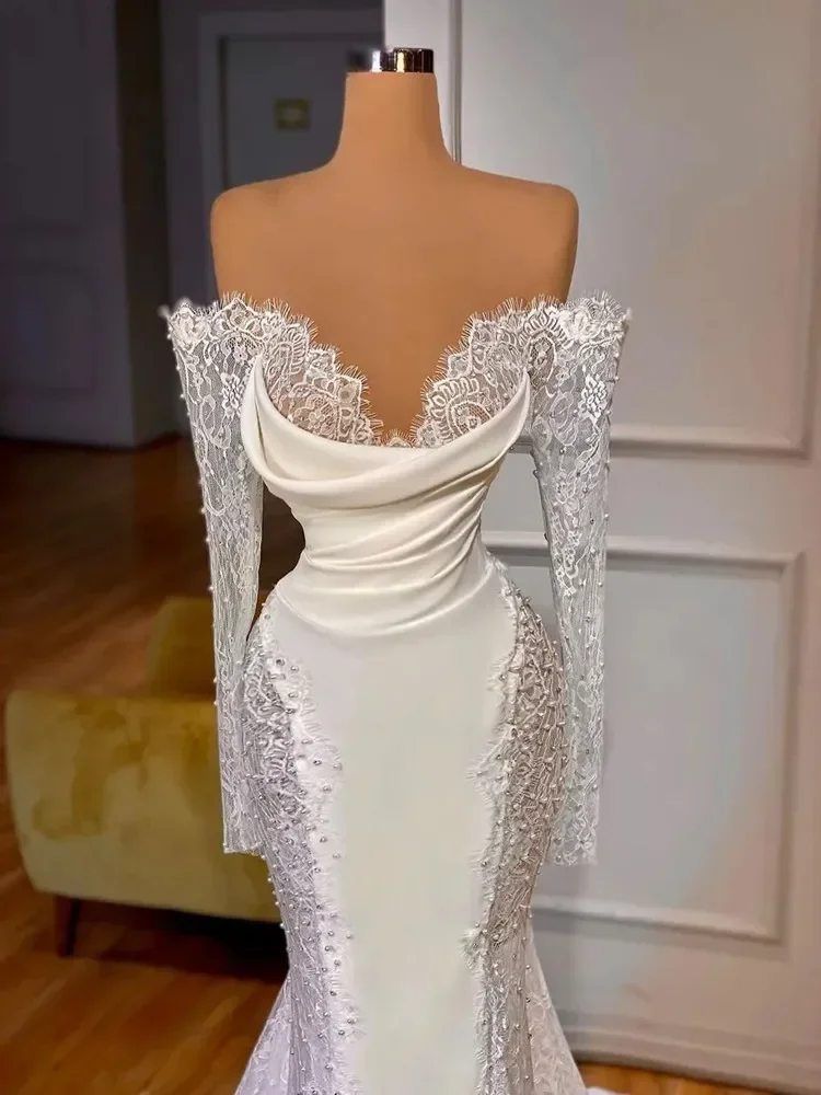 Customized  V Neck Appliques Mermaid Wedding Dress Sweep Train Lace Long Sleeve Wedding Gowns Custom Made Robe De Marriage