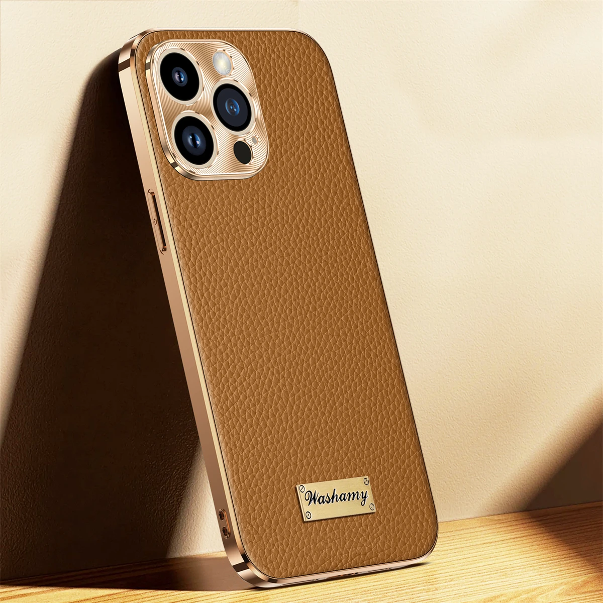 

Luxury Plating Genuine Leather Phone Case For iPhone 15 13 14 16 Pro Max 15 Plus Alloy Lens All Inclusive Shockproof Back Cover