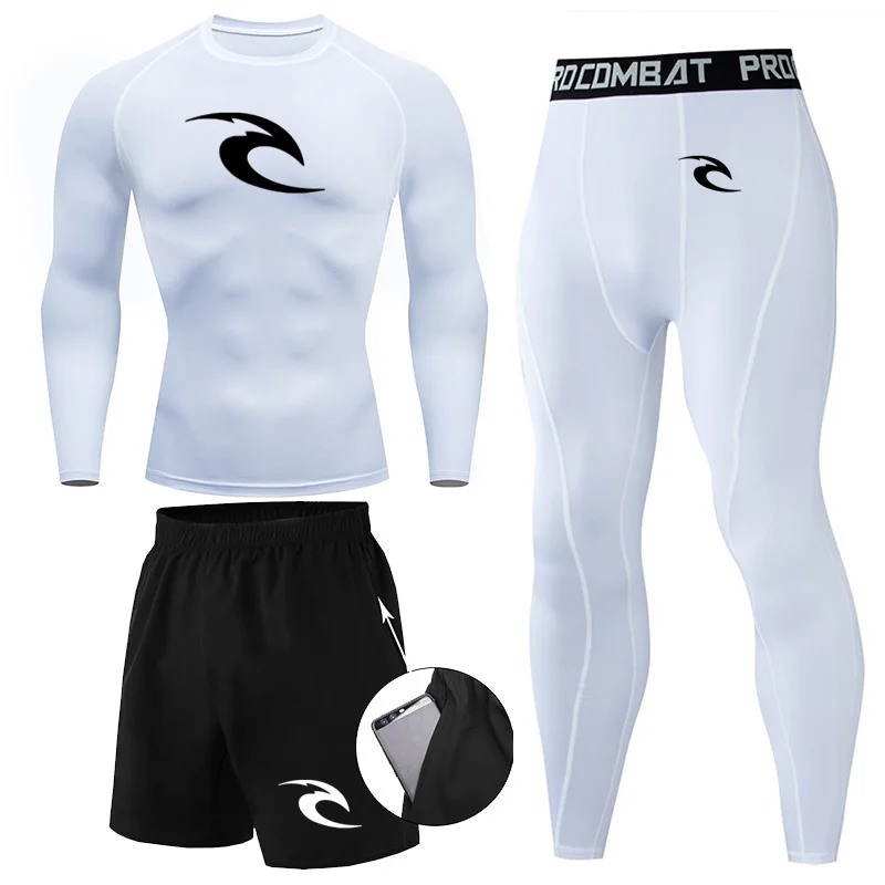 3 Pcs Set Men Compression Tshirt+Pants Sport Suits Running Sets Quick Dry Sportswear Training Gym Fitness Tracksuits S-4XL