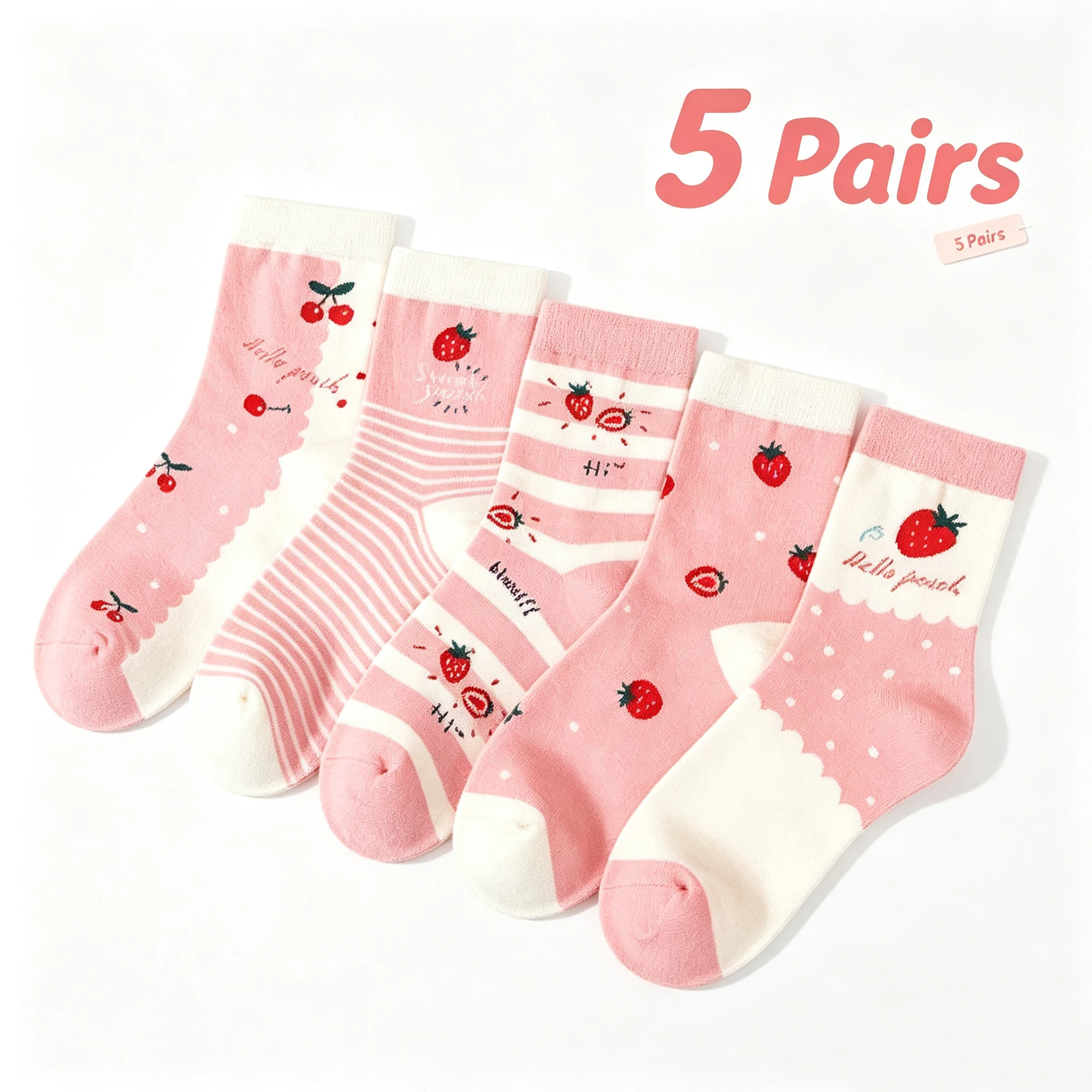 5 Pairs Kids Girls Crew Socks Sweet Strawberry Cherry Print Pink Stripe Soft Stretch Children Socks For 1‑14 Years Old Girls All