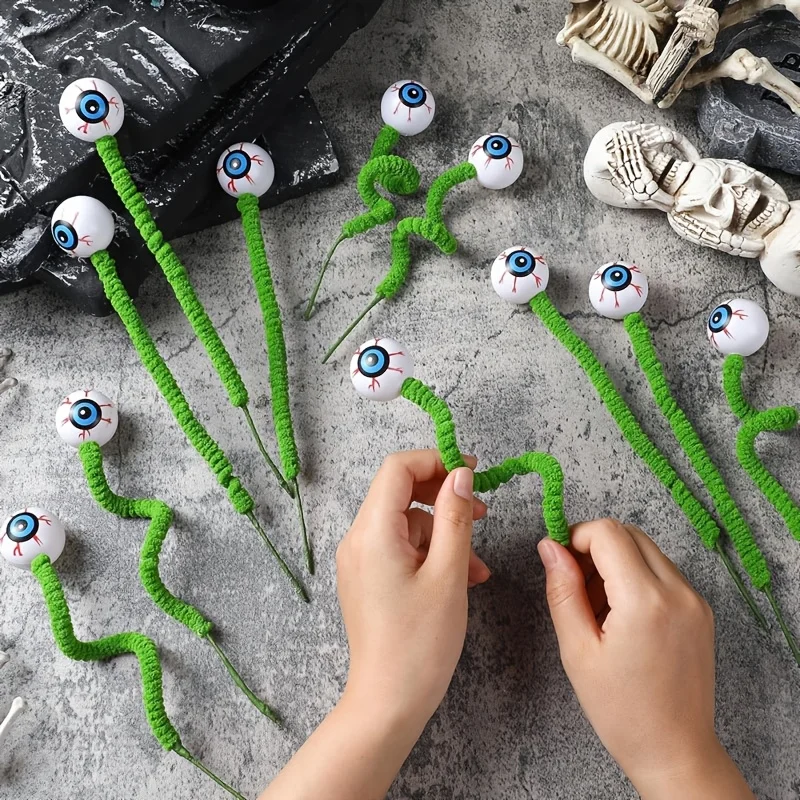 Halloween Creepy Bloodshot Eyeball Desktop Decoration, Bendable Pipe‑Cleaner Twig with Faux Spooky Eyeballs, Tabletop Party