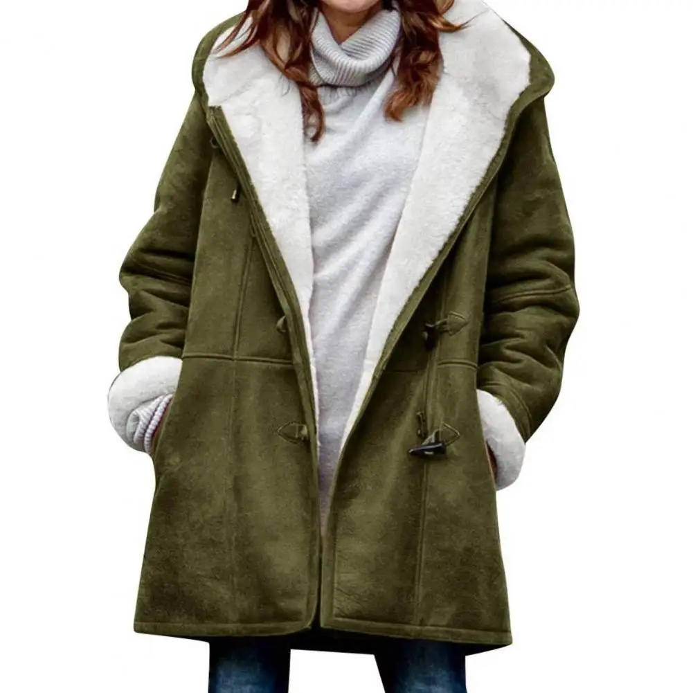 Veste en fourrure épaisse pour femme, pardessus de longueur moyenne, parkas à capuche, boutons en corne, sourire, hiver, 2024