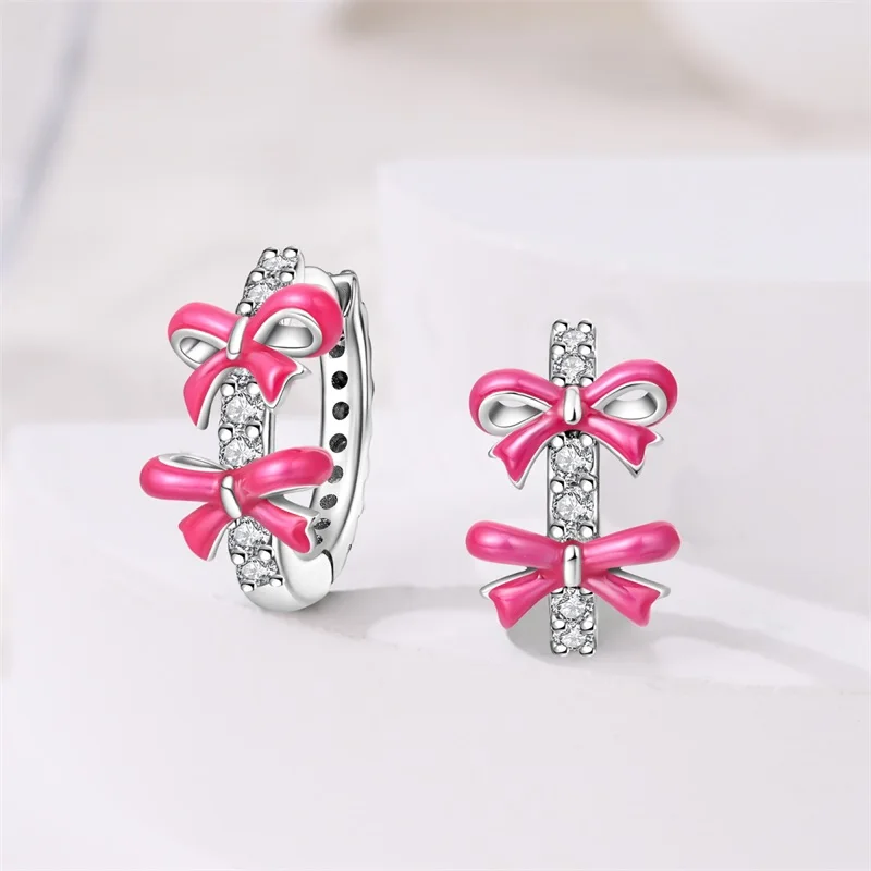 New Earring For Women 925 Silver Sparkling Cordate Zircon Pink Bow Princess Double Hoop Earrings Luxury Festival Party Jewelry