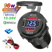 NEW 96W Dual PD Dual QC 3.0 USB Car Charger with Voltmeter Socket Power Outlet Adapter Waterproof for 12V/24V Car Boat Hot Sale