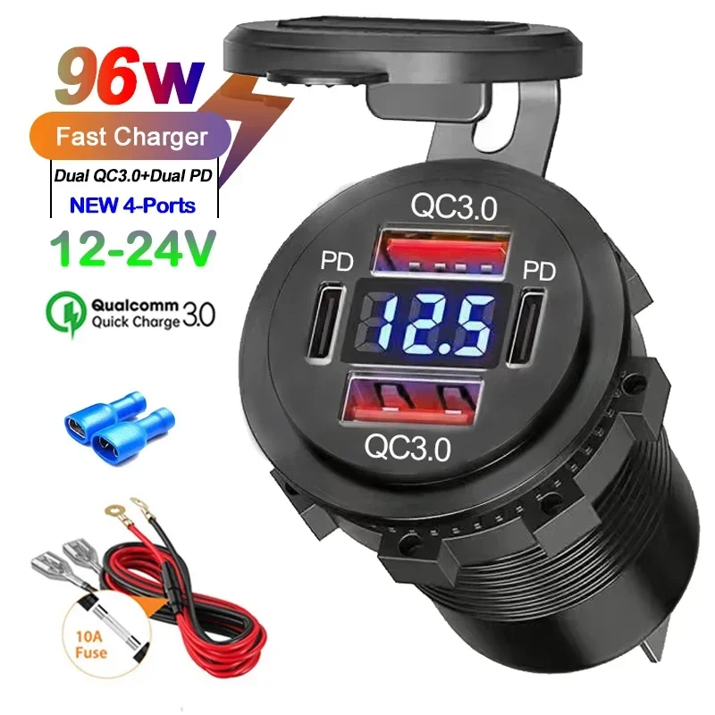 NOWOŚĆ Ładowarka samochodowa USB 96W Dual PD Dual QC 3.0 z gniazdem woltomierza Wodoodporny adapter do łodzi samochodowej 12V/24V Gorąca wyprzedaż